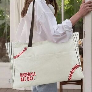 Baseball All Day Oversized Canvas Sports Tote Bag Brown Handles 18X12” Utility
